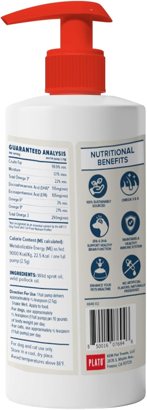 Plato Pet Treats Fish Oil for Dogs - Omega 3 Oil for Dogs - Supports Healthy Skin and Coat - Baltic Sprat Oil Recipe 8 Ounces