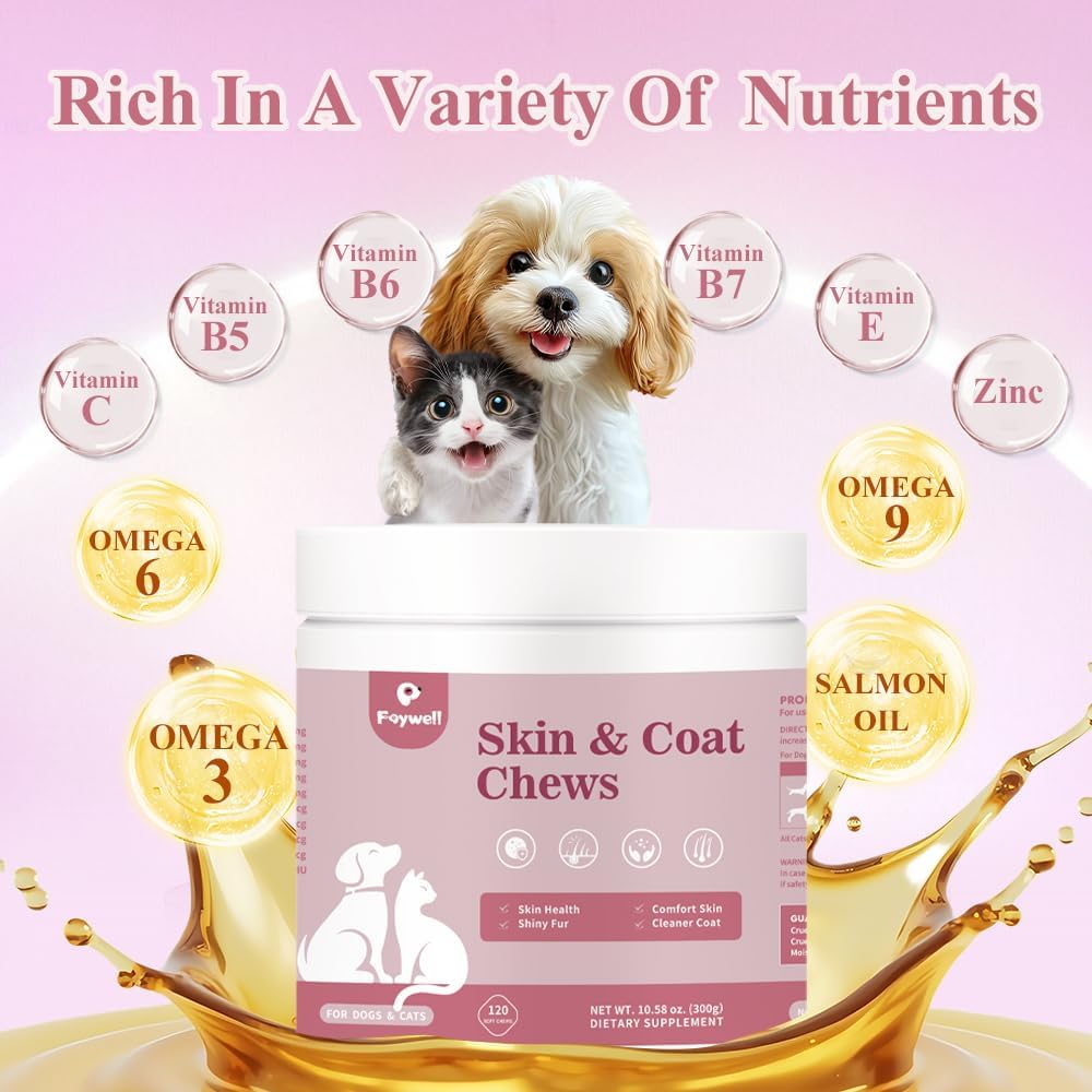 Skin & Coat Chews Supplement for Dogs & Cats, Omega & Salmon Oil Support Skin Health & Shiny Fur, 120ct/300g