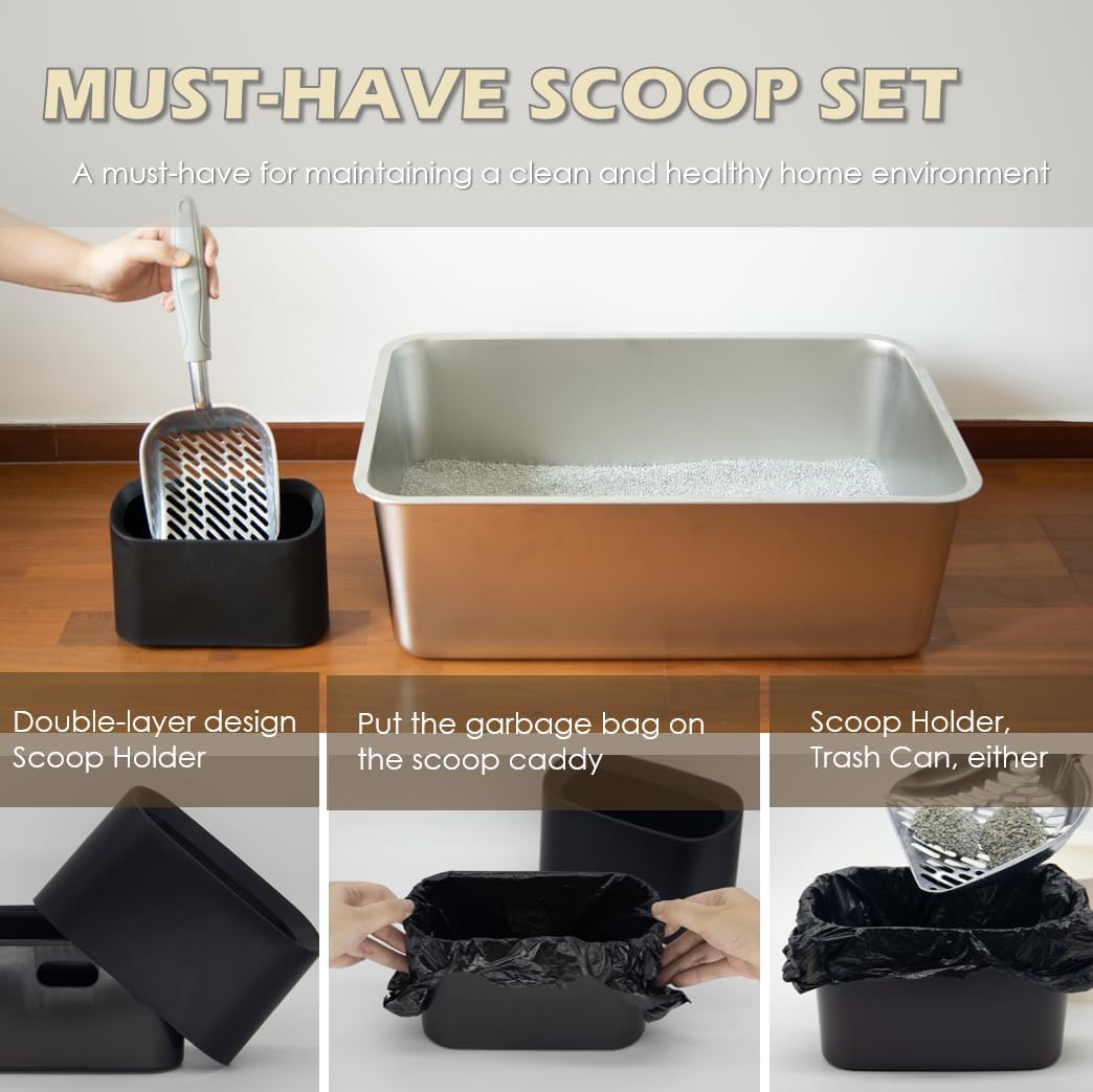 Metal Cat Litter Scoop with Holder, Aluminum Cats Litter Scooper Captures All Clumps, Heavy Duty Metal Kitty Scoopers with Holder, Cat Metal Scoop and Holder (Black)