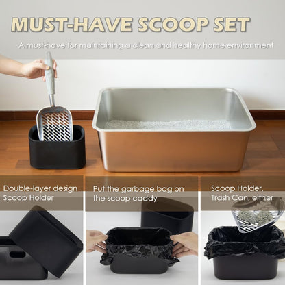 Metal Cat Litter Scoop with Holder, Aluminum Cats Litter Scooper Captures All Clumps, Heavy Duty Metal Kitty Scoopers with Holder, Cat Metal Scoop and Holder (Black)