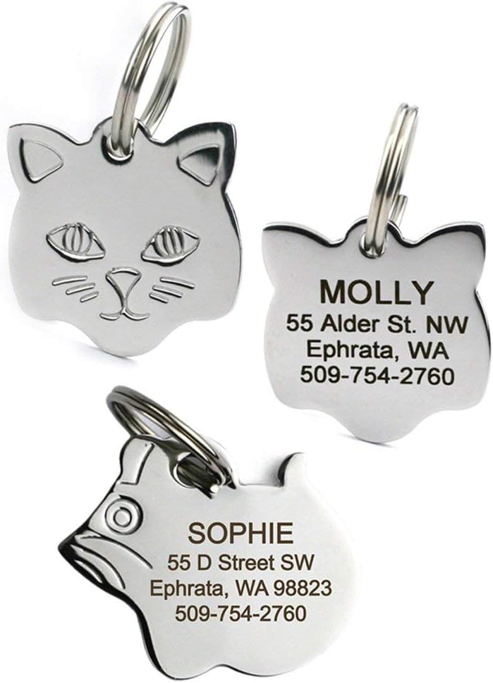 GoTags Cat ID Tag, Personalized Cat Shape Pet ID Tag in Stainless Steel, Includes up to 4 Lines of Custom Engraved Text – Stainless Steel, Kitty Face