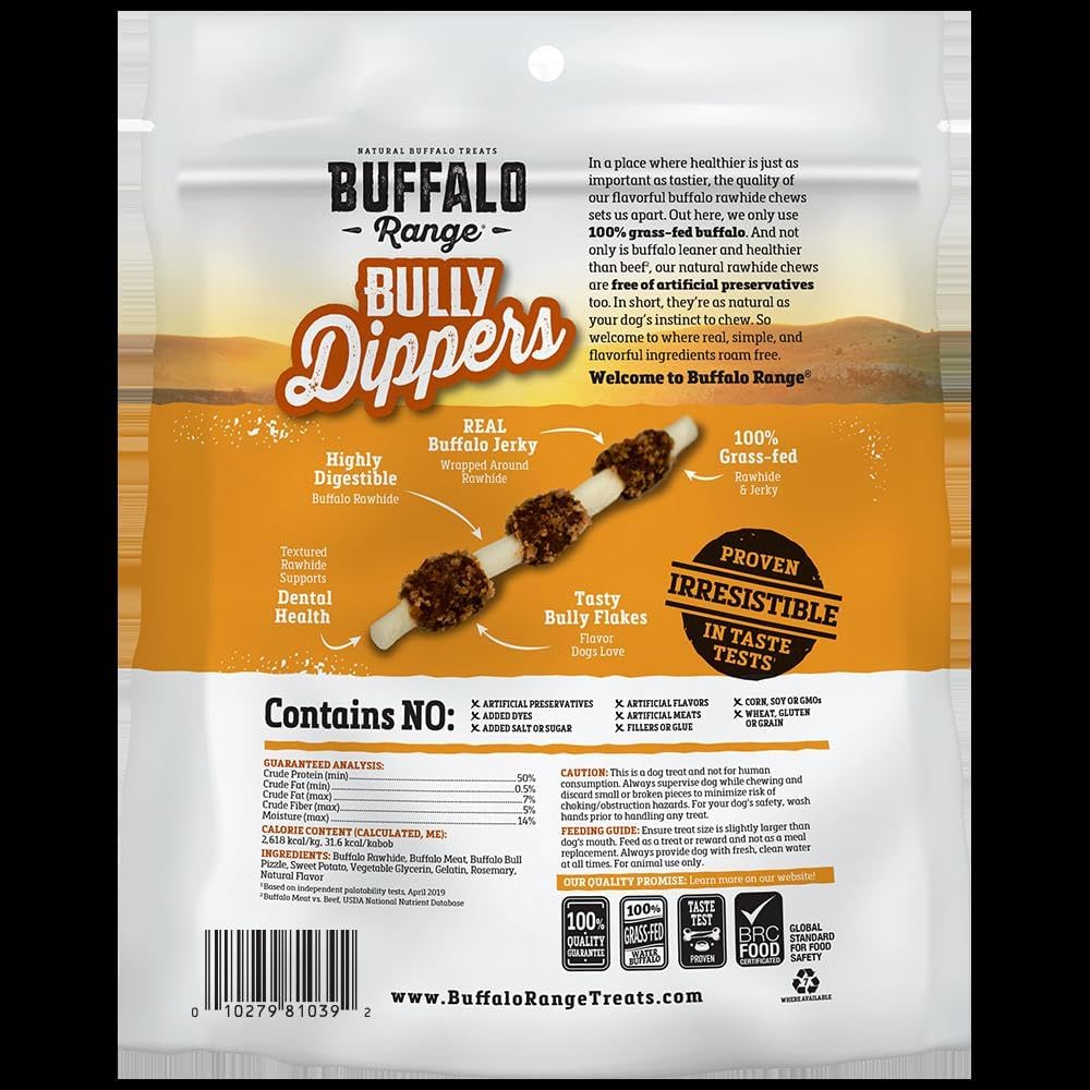 Buffalo Range Rawhide Dog Treats, Grass-Fed Buffalo Jerky Raw Hide Chews, Jerky Kabob with Bullypiece, Hickory Smoked Flavor, Pet Supplies, Real Meat Dog Treat, Premium Dog Snacks, 12 Count