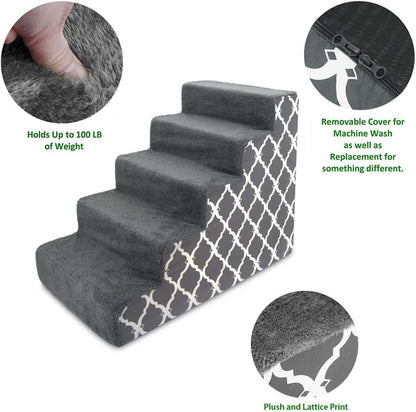 Best Pet Supplies Dog Stairs for Small Dogs & Cats, Foam Pet Steps Portable Ramp for Couch Sofa and High Bed Non-Slip Balanced Indoor Step Support, Paw Safe No Assembly - Gray Lattice Print, 5-Step