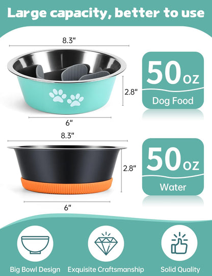 Premium Stainless Steel Dog Bowls,50OZ Large Capacity,Set of 2,Including Slow Food Bowl and Water Bowl,Suitable for Large and Medium-Sized Dogs,Green,Orange and Black