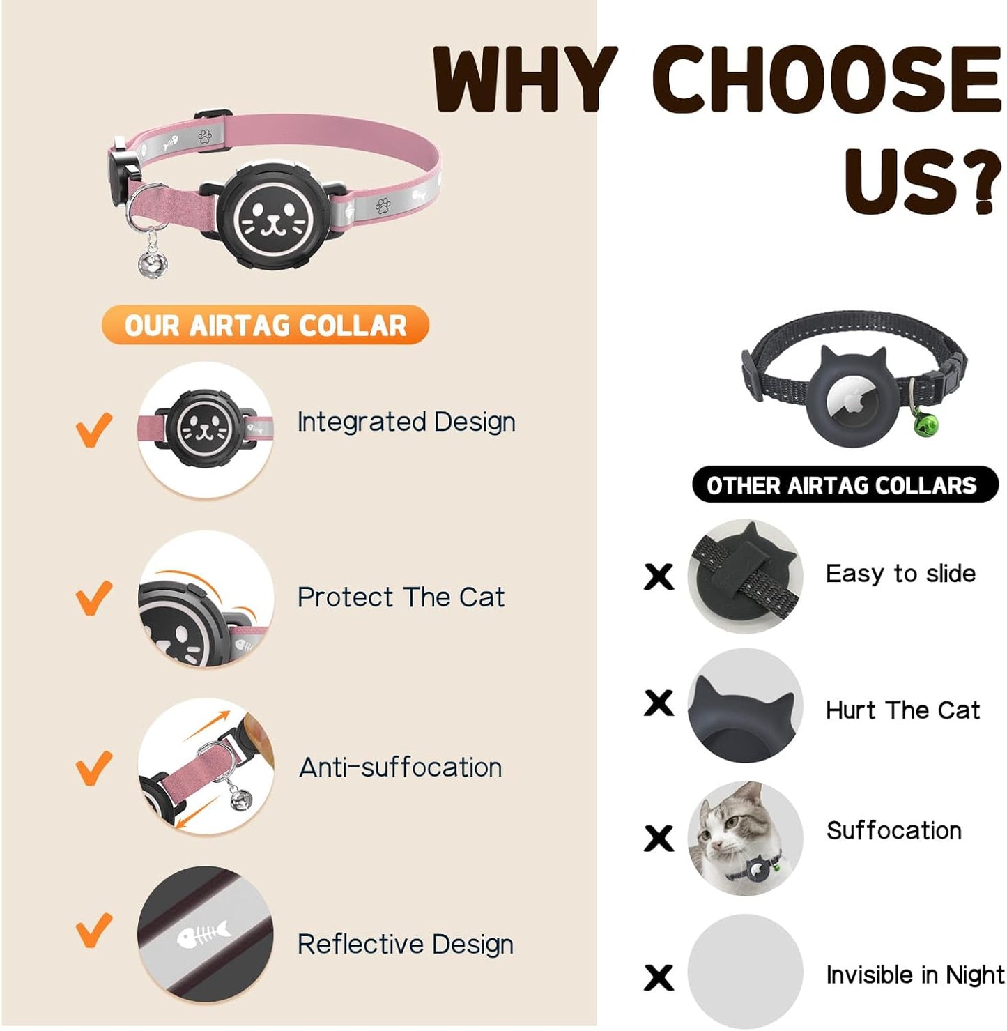 AirTag Cat Collar Non Breakaway, Reflective GPS Cat Collar Adjustable with Bell and Safety Elastic Strap for Kittens, Lightweight Cat Airtag Collar for Girl Boy Cats(Pink, L)