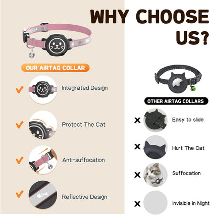 AirTag Cat Collar Non Breakaway, Reflective GPS Cat Collar Adjustable with Bell and Safety Elastic Strap for Kittens, Lightweight Cat Airtag Collar for Girl Boy Cats(Pink, L)