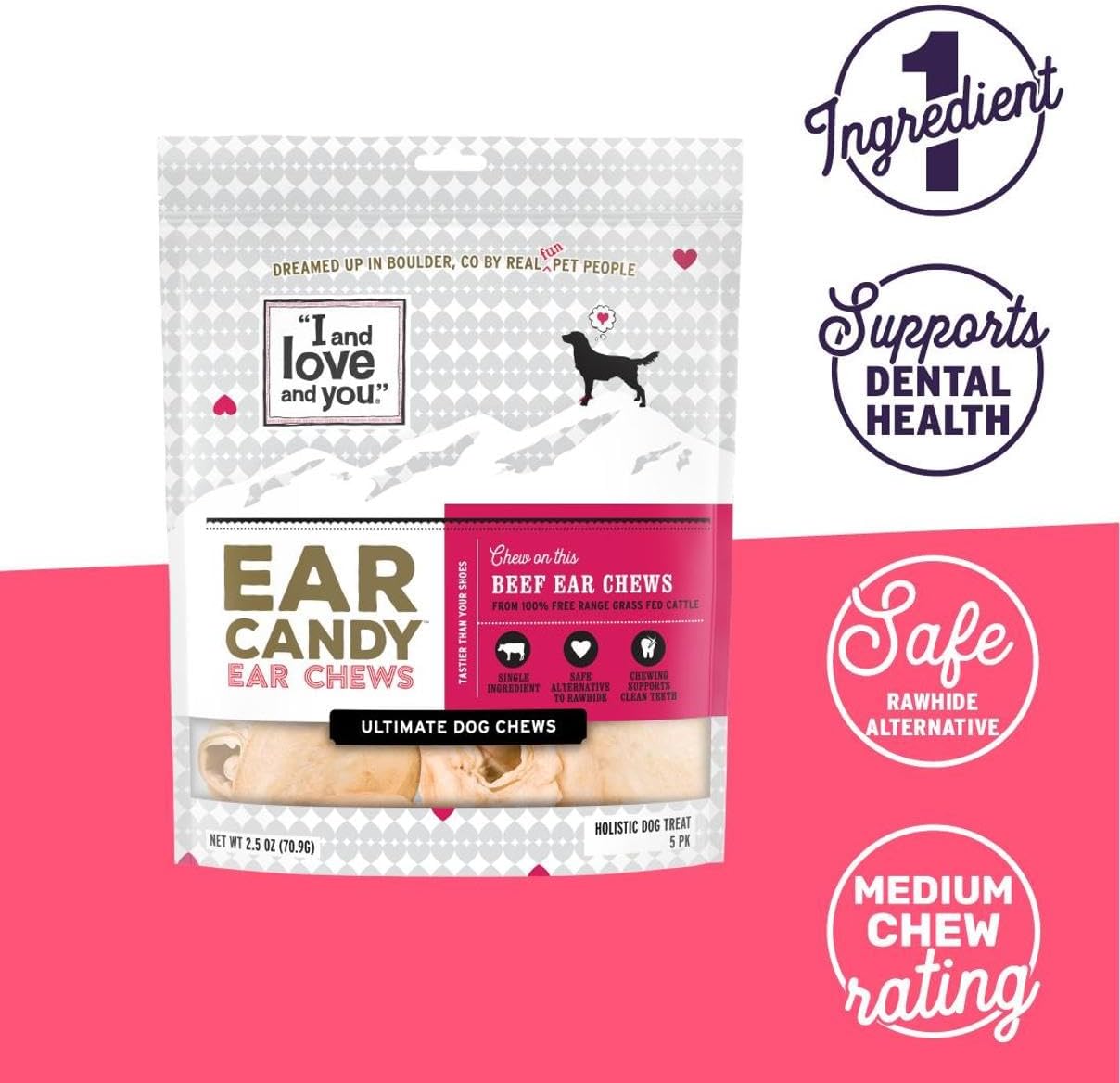 I and love and you Ear Candy Cow Ear Chews - Beef - Rawhide Alternative, Single Ingredient, Free Range Grass Fed Beef, 5ct