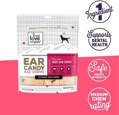I and love and you Ear Candy Cow Ear Chews - Beef - Rawhide Alternative, Single Ingredient, Free Range Grass Fed Beef, 5ct