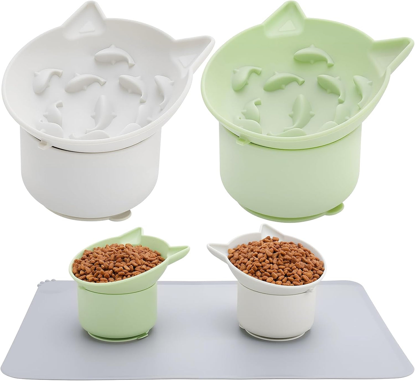 2 Pack Gray, Green Slow Feeder for Cat Bowls, Silicone Tilted Raised Pet Bowl with Non Slip Base for Digestion Anti Vomit