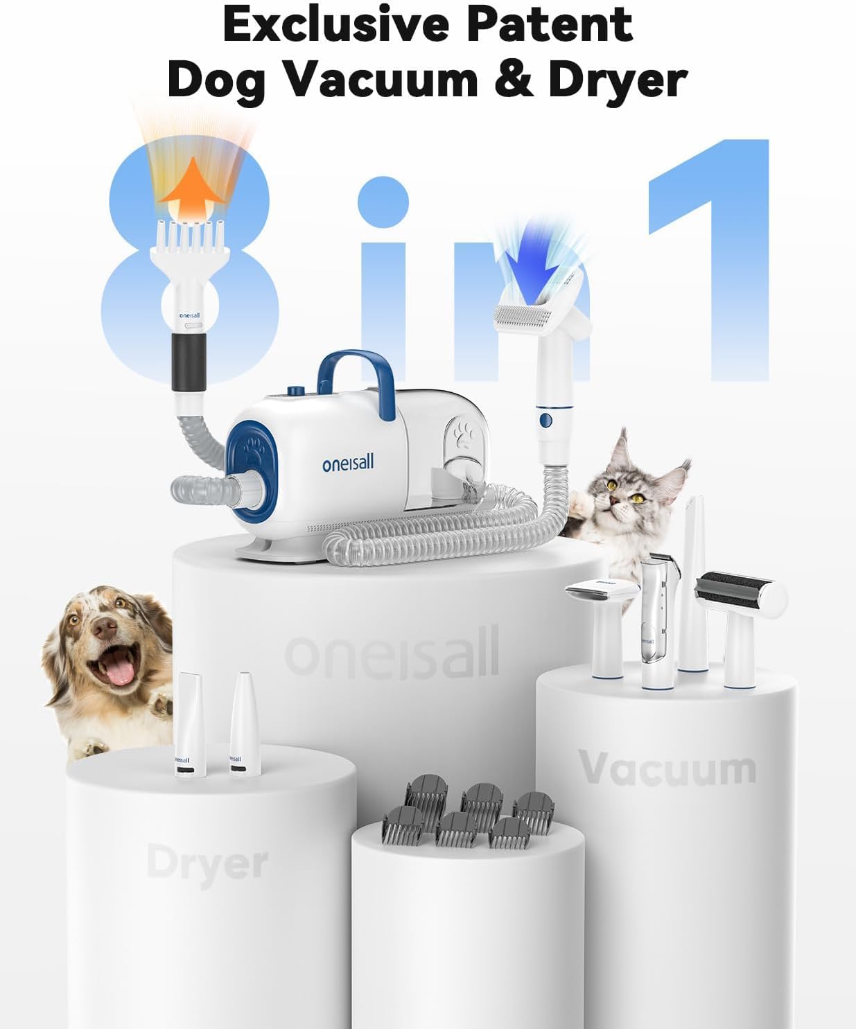 oneisall Dog Vacuum & Dryer for Shedding Grooming, 8 in 1 Dog Grooming Kit with Metal Blade Pet Clippers, Adjustable Speed and Temperature Control Blower