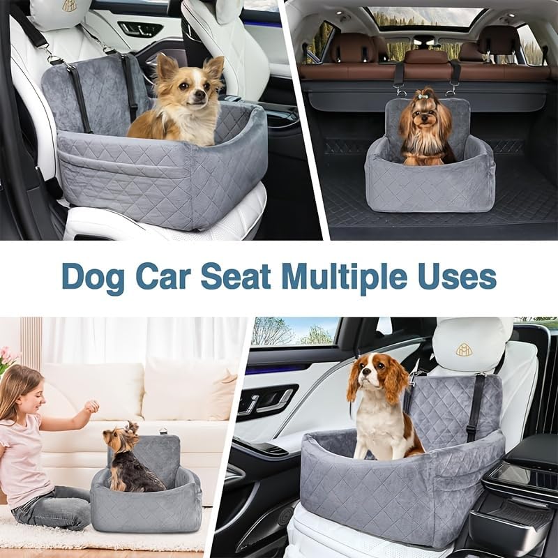 Dog Car Seat for Small & Medium Dogs – Washable & Detachable Pet Booster Seat with Safety Belt, Non-Slip Travel Bed for Cars, Fits Pets Under 20lbs, Storage Pockets(Gray)