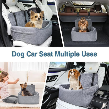 Dog Car Seat for Small & Medium Dogs – Washable & Detachable Pet Booster Seat with Safety Belt, Non-Slip Travel Bed for Cars, Fits Pets Under 20lbs, Storage Pockets(Gray)
