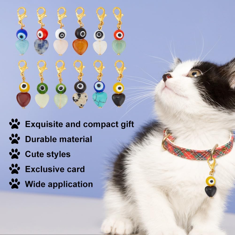 12pcs Evil Eye Heart Collar Pendants for Cat Dog, Gemstone Jewelry Charms Lampwork Pet Collar Pendants Clip-on Charms for Bag Decor Keychain Pet Necklace Training Home Decoration