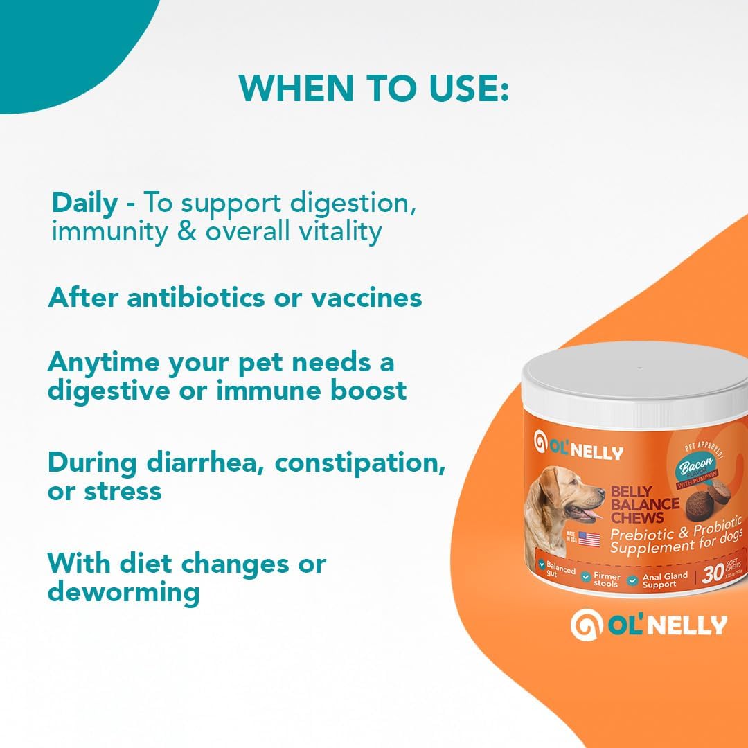 Ol'Nelly Pre & Probiotics for Dogs- 30 Soft Chews (Bacon) - Daily Dog Probiotics for Digestive & Gut Health - Diarrhea, Gas & Constipation Relief -All Ages and Breeds - Probioticos Perros Chewable
