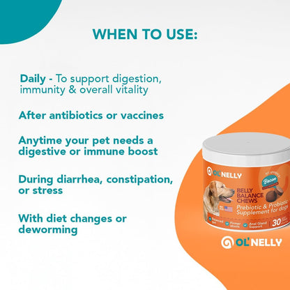 Ol'Nelly Pre & Probiotics for Dogs- 30 Soft Chews (Bacon) - Daily Dog Probiotics for Digestive & Gut Health - Diarrhea, Gas & Constipation Relief -All Ages and Breeds - Probioticos Perros Chewable