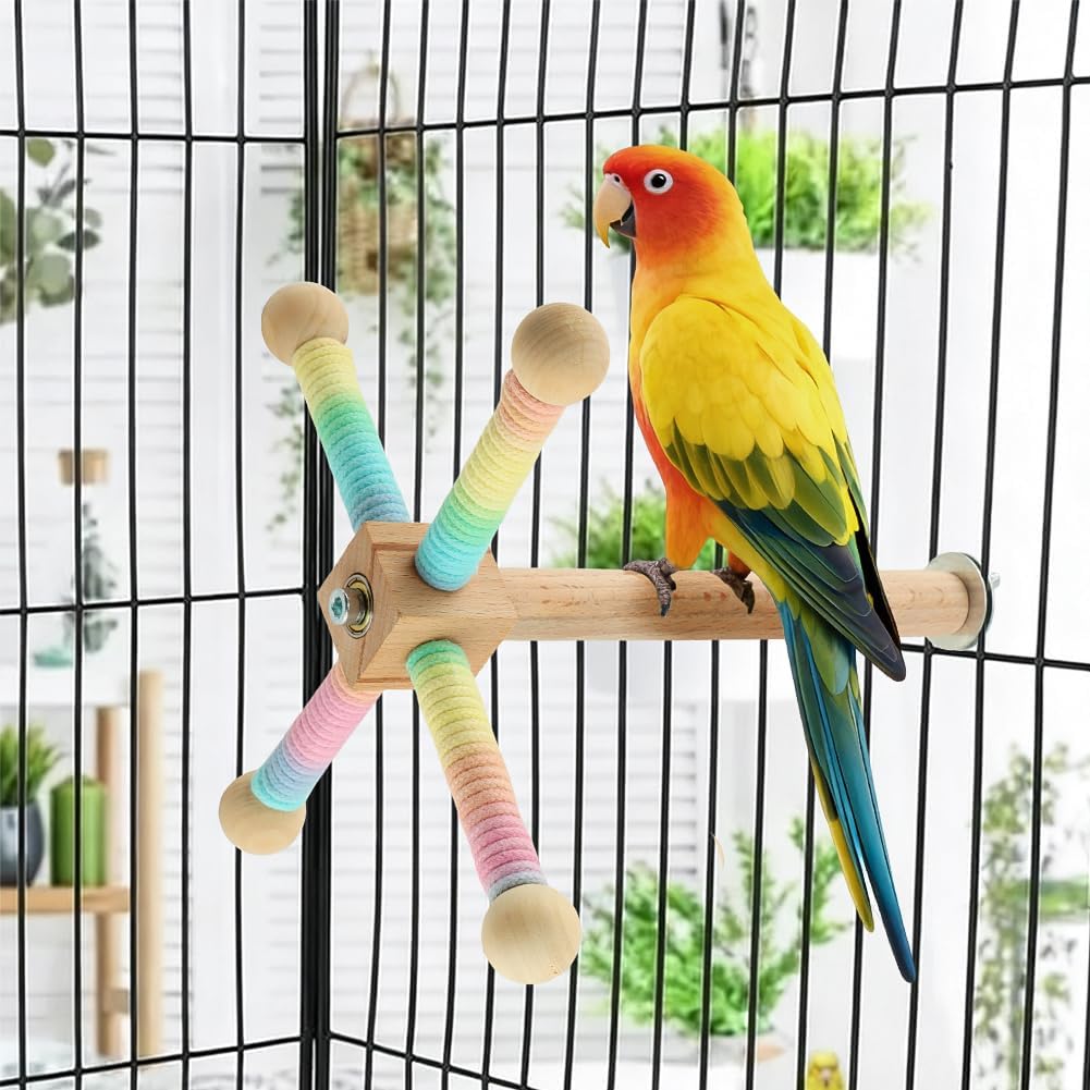 Parrot Spinning Windmill Perch, Bird Toy Rotating Stand for Parakeets, Cockatiels, Budgies - Interactive Wooden Cage Accessory, Enrichment Toy for Small & Medium Parrots, Lovebirds