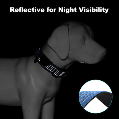 Plutus Pet Tactical Dog Collar with Tracker Pocket for AirTag, Adjustable Reflective Nylon Collar, Metal Buckle, Leather-Wrapped Handle, Soft Padded for Medium Large Dogs (Blue, M)