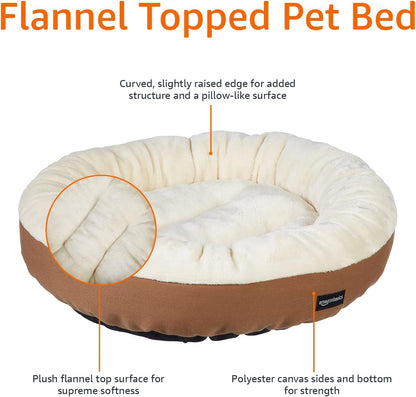 Amazon Basics Round Bolster Pet Bed for Dog or Cat with Flannel Top, 20.0" L x 20.0" W x 8.0" Th, Brown and Ivory