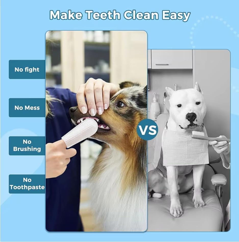 Dog Teeth Cleaning Finger Wipes, 100pcs Pet Dental Care Finger Wipes for Dogs and Cats Removing Plaque and Tartar Buildup, Freshens Breath -- Safe Ingredients Disposable No-Rinse Pet Finger Toothbrush