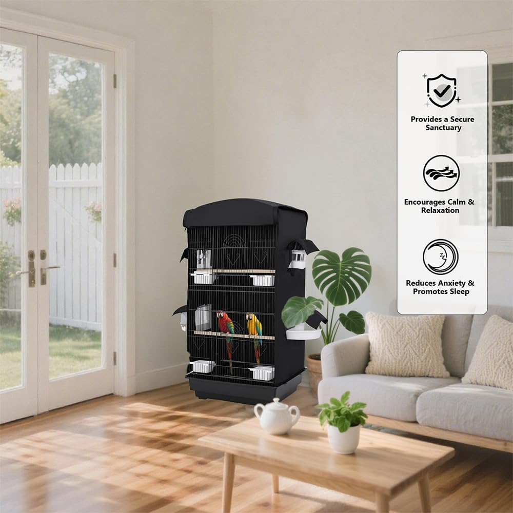 Bird Cage Cover for Night - Black Birdcage Cover with 4 Access Windows -Insulated Birdcage Cover with Dust Protection- Fits Parakeet, Cockatiel & Conure Medium Cages(17.7x13.4x32.3 inch)