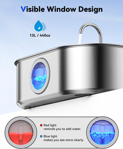 3.4Gal Dog Water Fountain for Large Dogs, 13L Stainless Steel Large Pet Fountain with Deeper & Wider Drinking Area, Automatic Dog Water Bowl Dispenser with Water Window & LED, Super Quiet