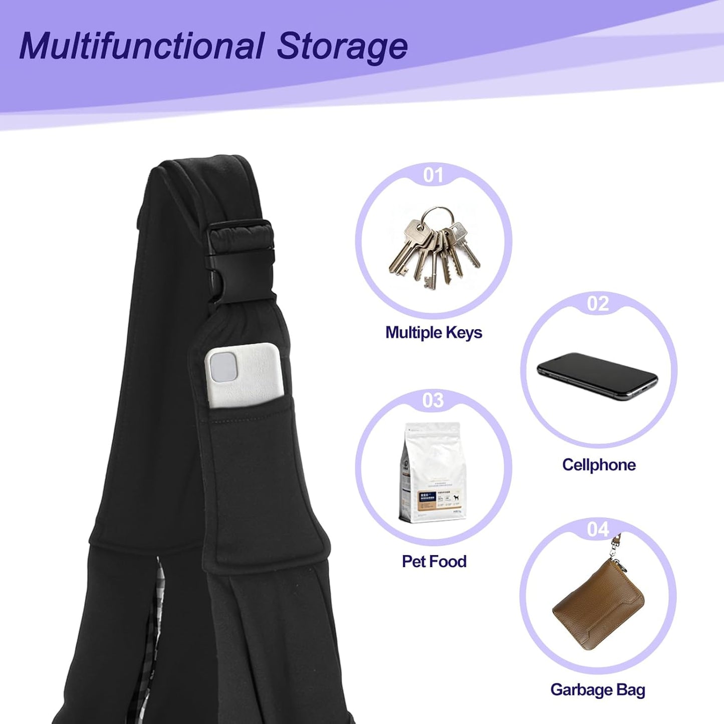 Dog and Cat Sling Carrier Up to 16.5 Lbs, Hand-Free Reversible Pet Sling Carrier with Adjustable Strap and Pocket, (Black, 1 Pcs) Intended for Hiking/Camping/Traveling