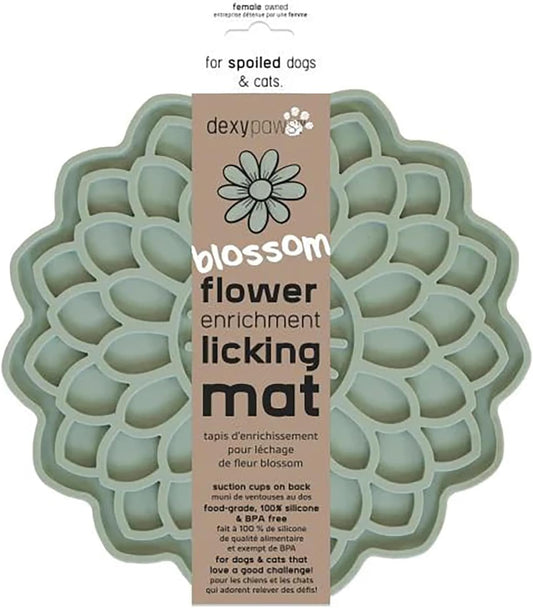 Enrichment Lick Mat: Sage Green Blooming Blossom - Grooved Silicone Dog Feeding Dish, Spread On Food Or Treats, Pet Soothing, Suction Back