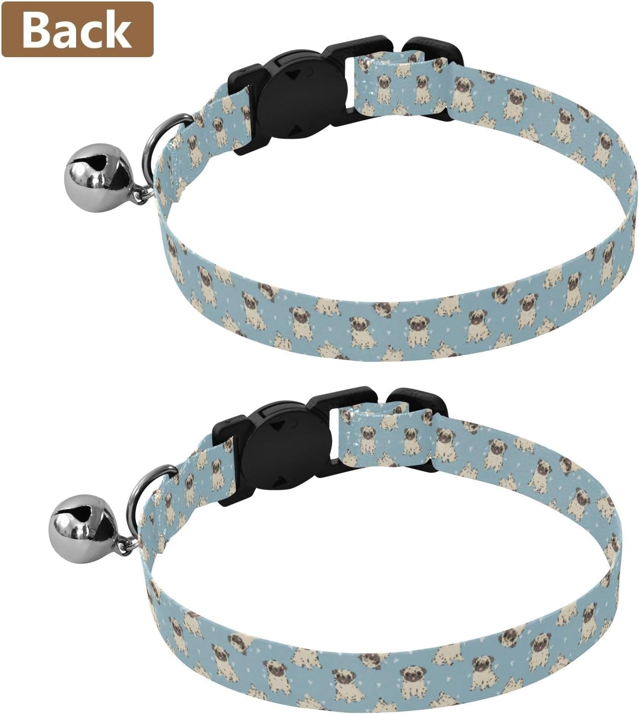 Cute Animals Pugs Blue Pattern Dog Collar with Buckle Adjustable 2 Pack Pet Safety Necklace for Small Dogs Cats