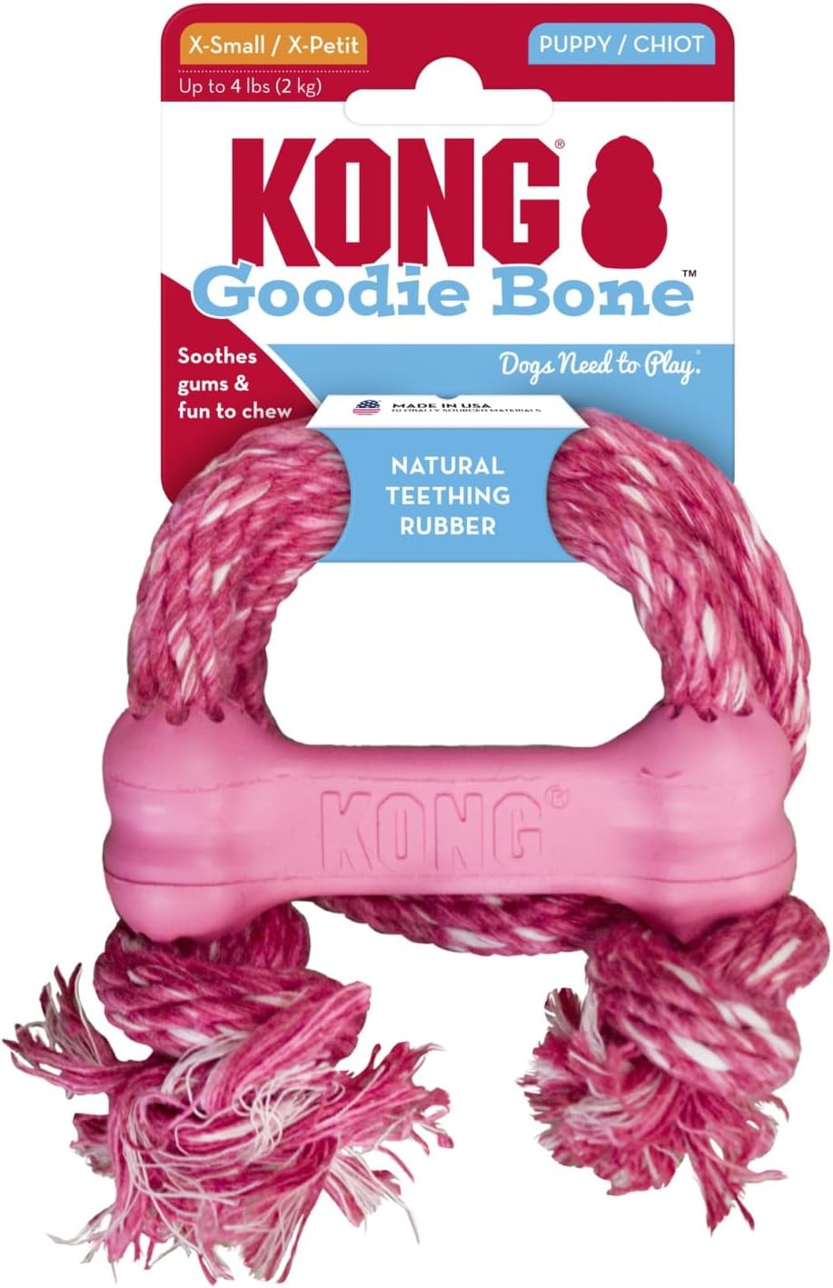 KONG Puppy Goodie Bone with Rope - Natural Rubber Bone with Cotton Rope - Teeth Cleaning Chew Toy for Growing Puppies - for XS Puppies - Pink