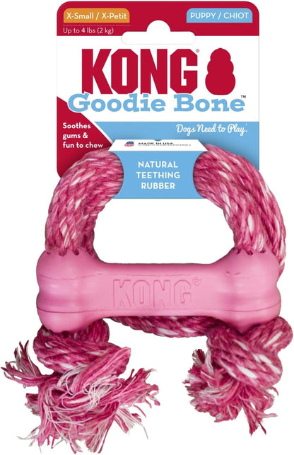 KONG Puppy Goodie Bone with Rope - Natural Rubber Bone with Cotton Rope - Teeth Cleaning Chew Toy for Growing Puppies - for XS Puppies - Pink