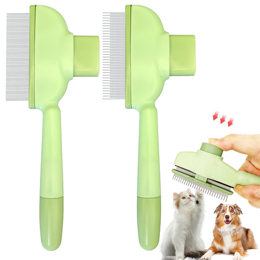 TerraKin 2-Pack Flea Comb for Dogs & Cats, One-Click Self-Cleaning Pet Grooming with Release Button, Long & Short Stainless Steel Teeth for Deshedding, Removing Fleas & Massaging,Green