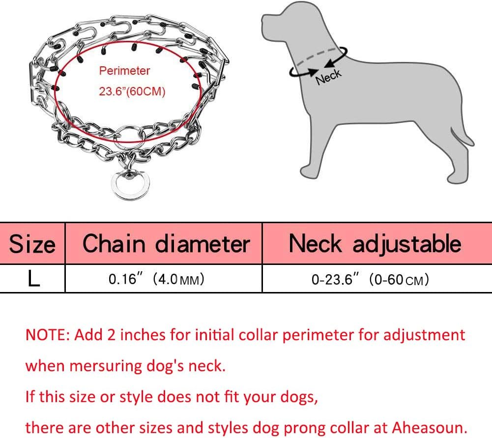 Prong Collars for Dogs, No Pull Dog Collar, Dog Training Collar for Large Medium Small Dogs, Stainless Steel Adjustable with Comfort Rubber Tips (Large, 4.0mm, 23.6-Inch)