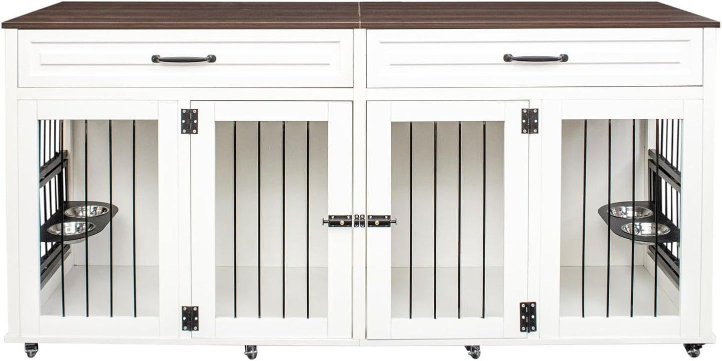 GREAZ Creates Stylish Comfort for Dogs with Heavy Duty Dog Cage, Double Door Design, Space-Saving Furniture Style, White and Walnut