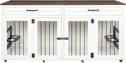 GREAZ Creates Stylish Comfort for Dogs with Heavy Duty Dog Cage, Double Door Design, Space-Saving Furniture Style, White and Walnut