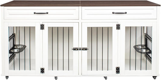 GREAZ Creates Stylish Comfort for Dogs with Heavy Duty Dog Cage, Double Door Design, Space-Saving Furniture Style, White and Walnut