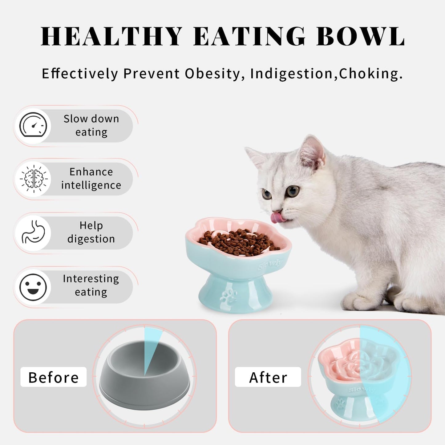 S&Q's CERAMICS Raised Slow Feeder Cat Bowl, Ceramic Elevated and Titled Glass Food Bowl Small Dogs Slow Feeder, Flower Shaped Cute Cat Dish for Dry and Wet Food (Pink, 5.8")