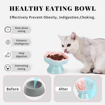 S&Q's CERAMICS Raised Slow Feeder Cat Bowl, Ceramic Elevated and Titled Glass Food Bowl Small Dogs Slow Feeder, Flower Shaped Cute Cat Dish for Dry and Wet Food (Pink, 5.8")
