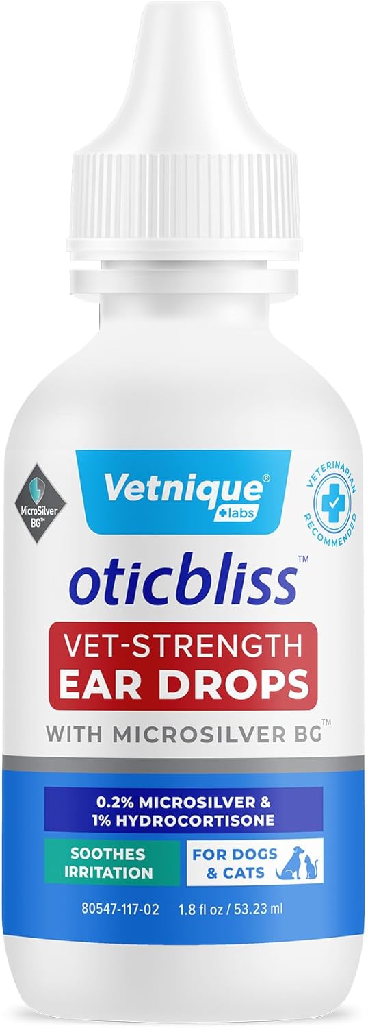 Vetnique Oticbliss Cat & Dog Ear Infection Treatment/Dog Ear Allergy Relief Drops, MicroSilver Yeast Infection Treatment for Dogs, Hydrocortisone for Itching, Redness Swelling (Ear Infection)