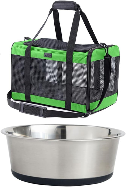 GORILLA GRIP Pet Carrier Travel Bag, Green and Stainless Steel Dog Bowl, 4 Cup Black, 2 Item Bundle