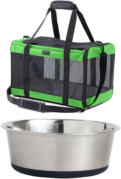GORILLA GRIP Pet Carrier Travel Bag, Green and Stainless Steel Dog Bowl, 4 Cup Black, 2 Item Bundle