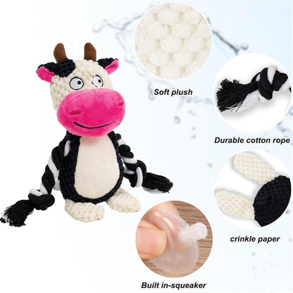 Plush Dog Chew Toys,Squeaky Dog Toys for Aggressive Chewers, Stuffed Animals Dog Toys for Small Medium Large Dogs to Keep Them Busy Puppy Teething Toys（Cow）