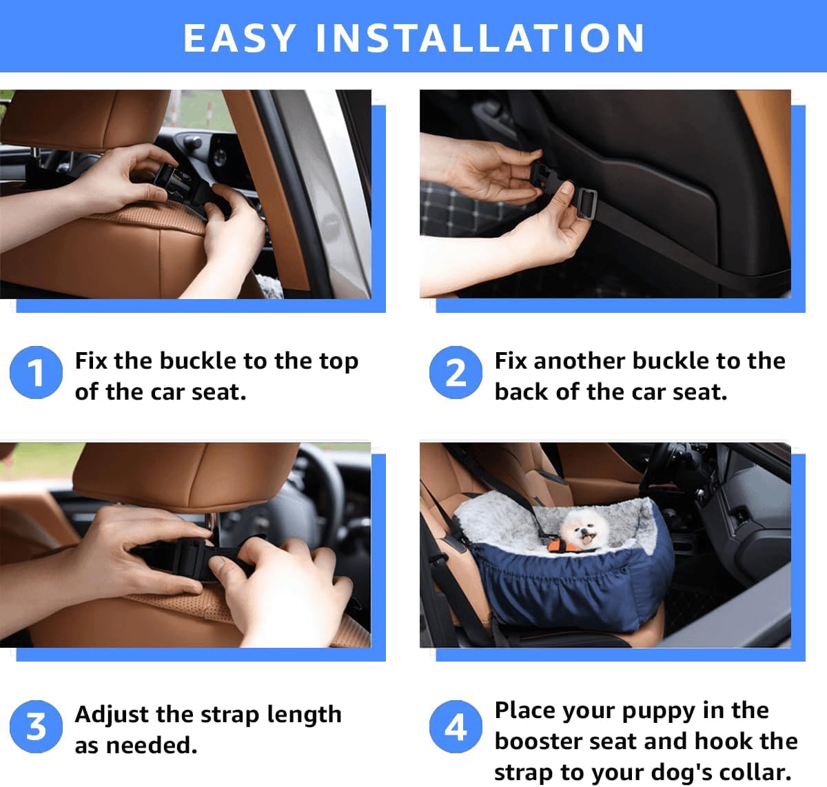 Dog Car Seat for Small Dogs, Washable Pet Booster Seats for Car with Clip-On Safety Leash, Reversible Puppy Carseat with Storage Pockets, Travel Carrier Bed for Dogs Under 25 lbs, Blue