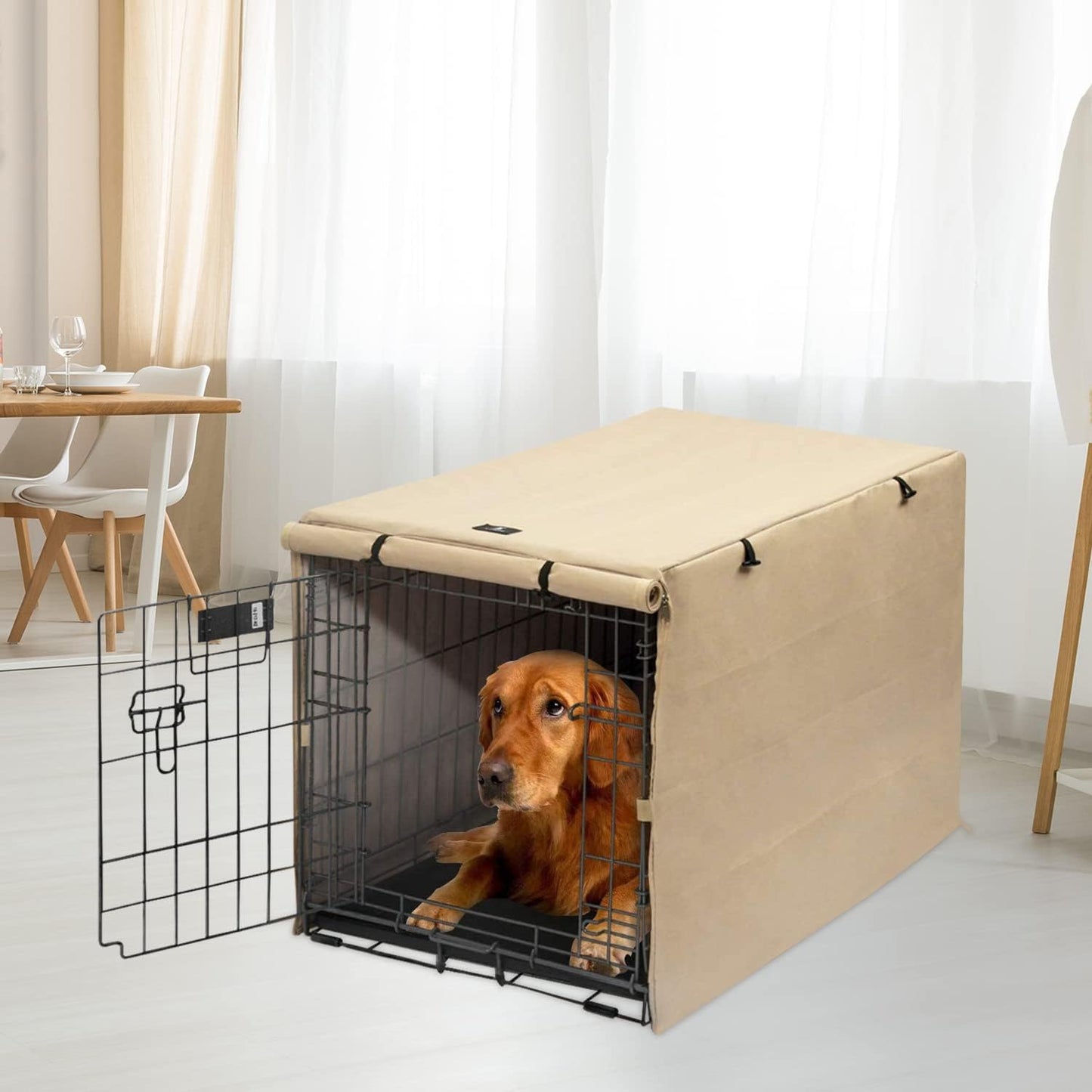 X-ZONE PET Double Door Dog Crate Cover - Polyester Pet Kennel Cover (Fits 24 30 36 42 48 inches Wire Crate) (42Inch, Tan)
