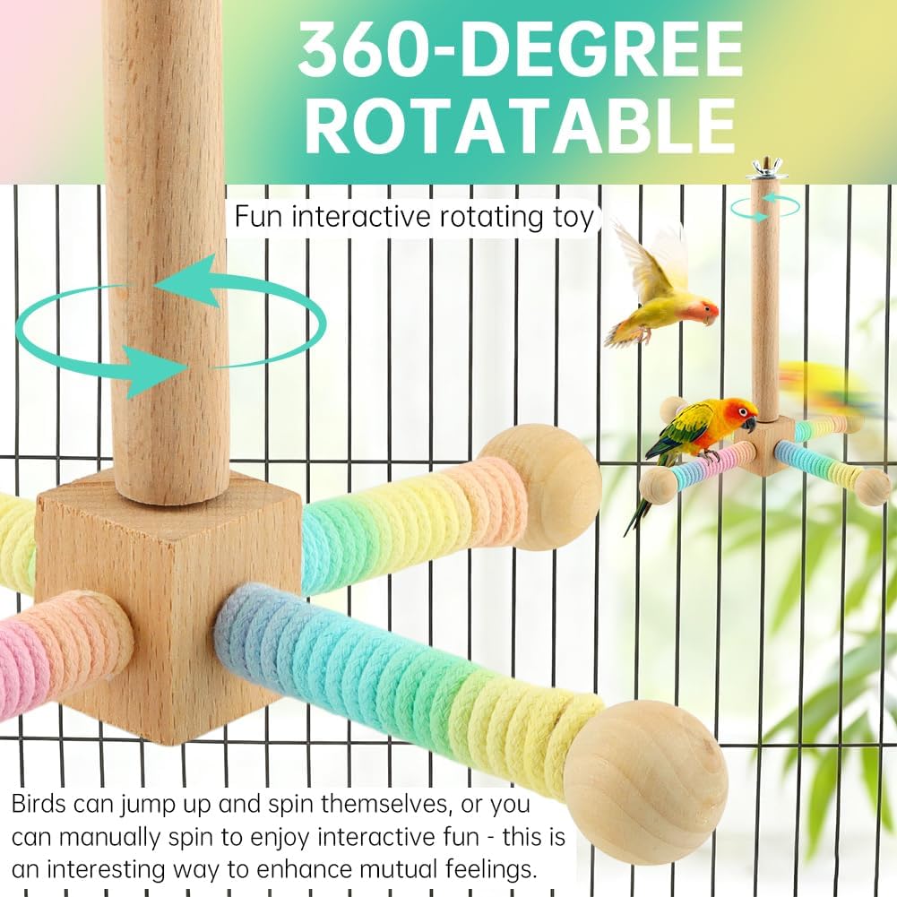 Parrot Spinning Windmill Perch, Bird Toy Rotating Stand for Parakeets, Cockatiels, Budgies - Interactive Wooden Cage Accessory, Enrichment Toy for Small & Medium Parrots, Lovebirds