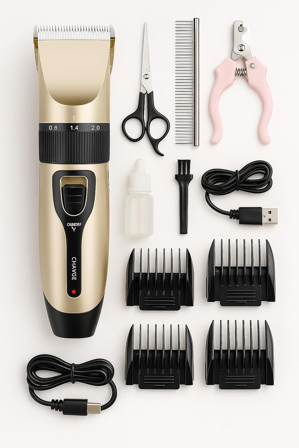Dog Trimmer Pet Grooming Kit, 14 Piece Low Noise Rechargeable, Dog Shaver Cordless Electric Quiet, Nail Clipper, Filer, Scissors, Paw Trimmer Complete Set for Dog Cats Pets (Gold)