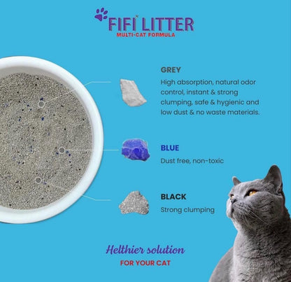 FIFI Litter® 15lbs.99.9% Dust Free,Non-Tracking,All Natural,Premium Multi-Cat Formula,Bentonite/Carbon/Silica, Aluminum Foil Bag,Quick Clumping,Long -Lasting Odor Control, Super Absorbent, Fresh Scent