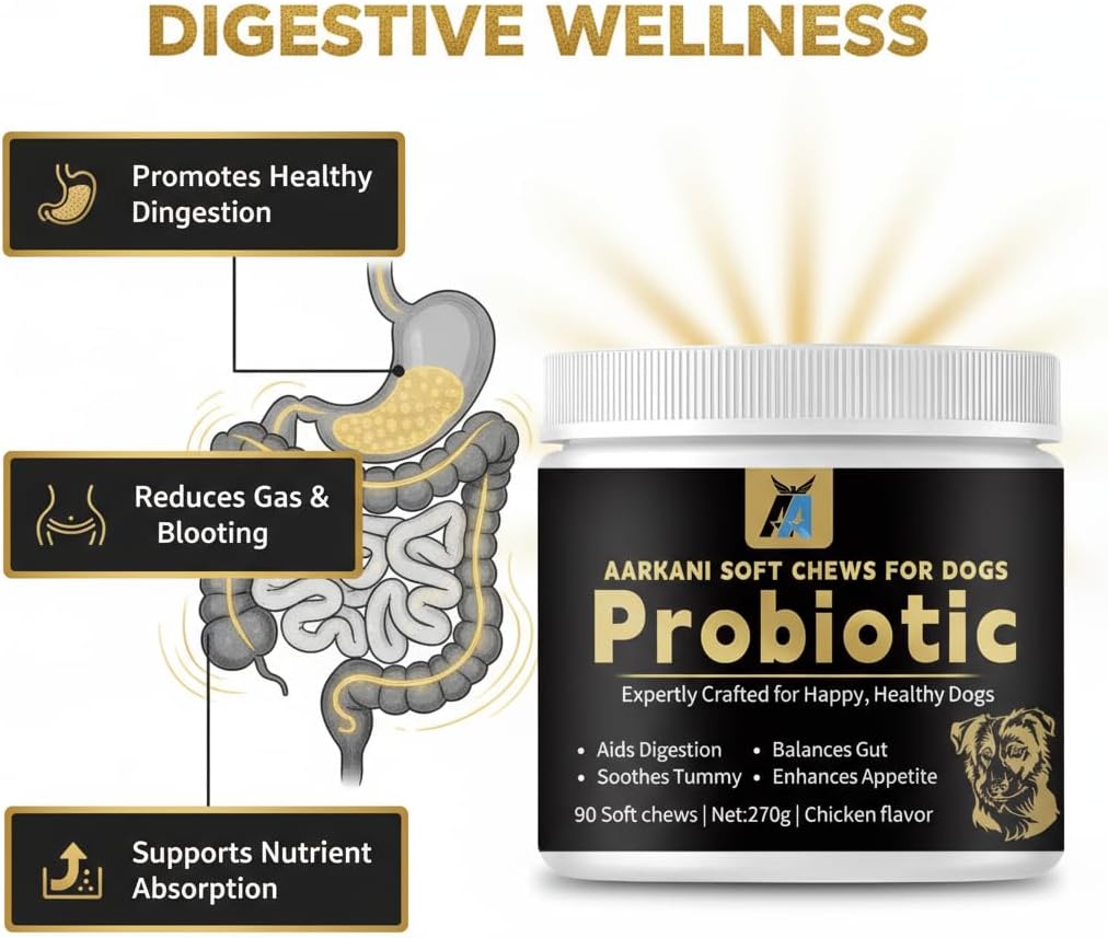 Aarkani Probiotic Supplement for Dogs – Promotes Digestive Health, Soothes Stomach, and Boosts Immunity – Chicken Flavor – Vet-Formulated– 90 Soft Chews