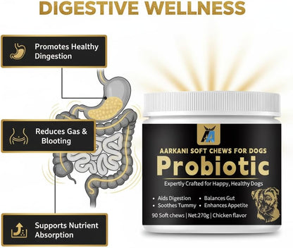 Aarkani Probiotic Supplement for Dogs – Promotes Digestive Health, Soothes Stomach, and Boosts Immunity – Chicken Flavor – Vet-Formulated– 90 Soft Chews