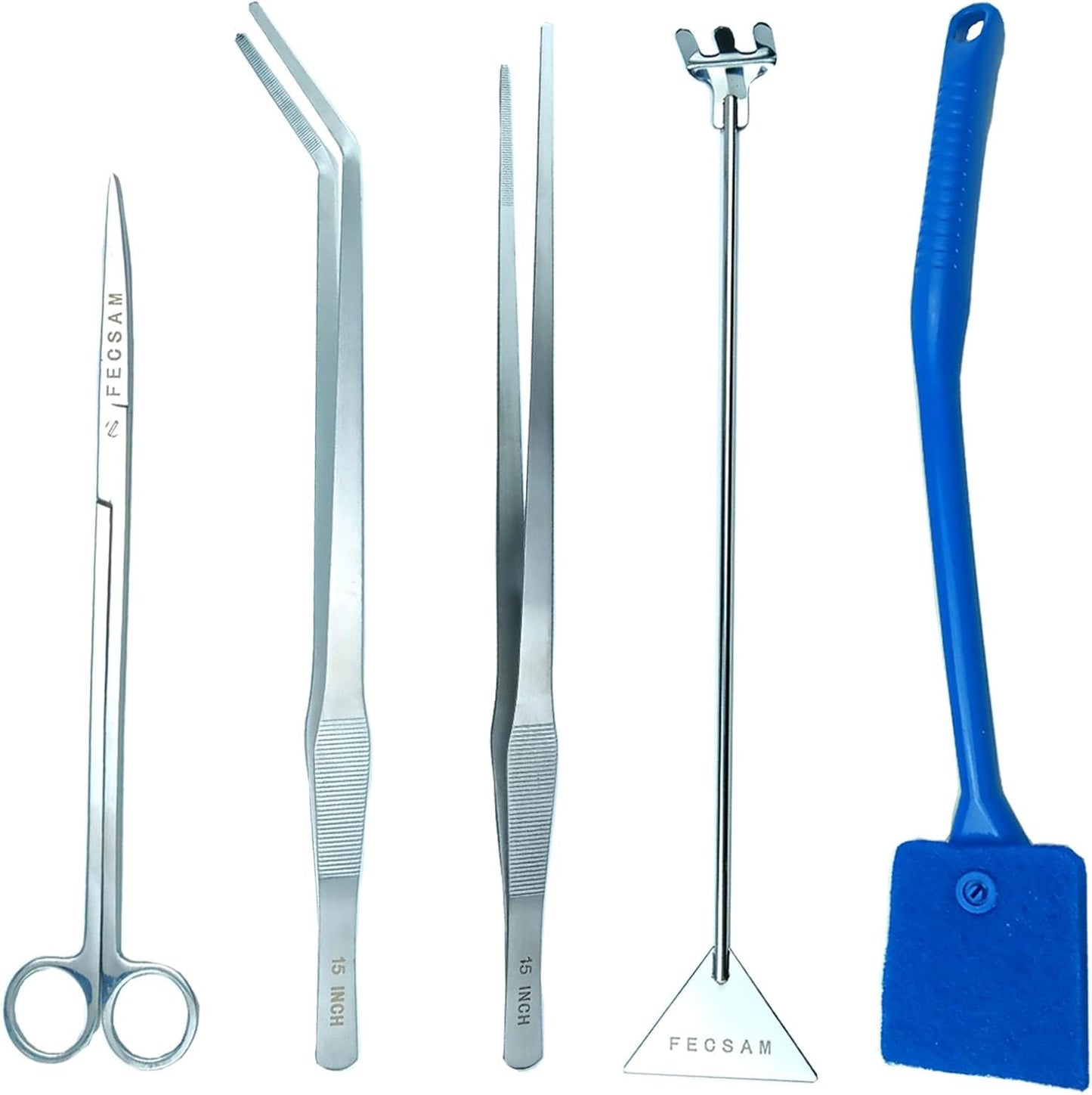 Aquarium Aquascape Tools Kit + Brush - 15 inch Stainless Steel Aquatic Tweezers/Feeding Tongs, Scissors, Spatula, Algae Scraper, Rake for Fish Tank Cleaning Scrubbing, Trimming, Terrarium Supplies