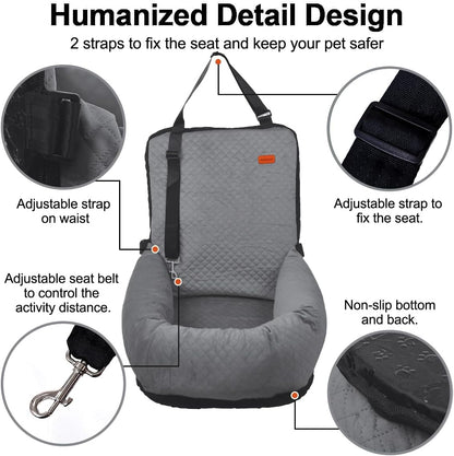 Dog Car Seat for Small Medium Dogs Up to 40lbs, Detachable Washable Soft Pet Booster Travel Bed for Front & Gray Seat with Safety Leash Belt